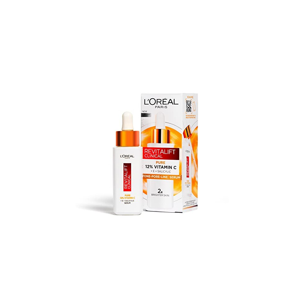 L'Oréal Paris Revitalift Clinical 12% Pure Vitamin C Brightening Serum for Face, Powerful Antioxidant Protection, Brighter & Smoother Skin, includes
