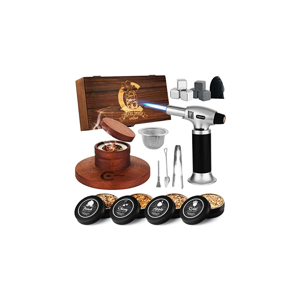 Cocktail Smoker Kit with Torch - Smoke Infuser Set For whisky and Bourbon - Drink Set Includes Smoker Box for Old Fashioned Cocktails, Wood Chips and