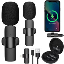 Wireless Lavalier Microphone iPhone 2 Pack Including Carry Case iPad, 2.4GHz Plug & Play Lapel Clip-on Mic for YouTube TikTok Interview Live Stream