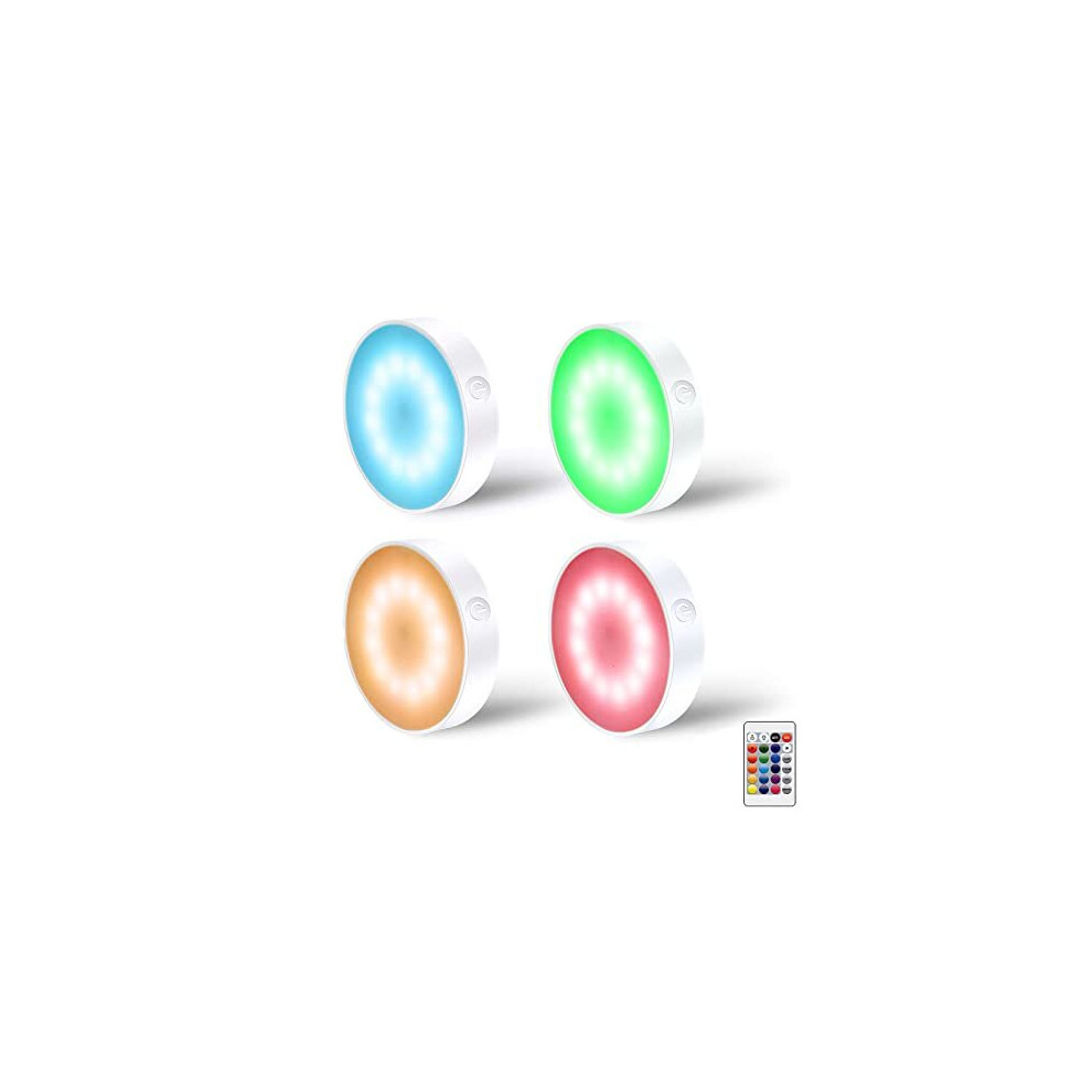 4 Pack RGB+W 16 Color Changing Puck Lights with Remote Control 12LEDs Dimmable Closet Lights,600mAh USB Rechargeable Display Cabinet Lights,Christmas