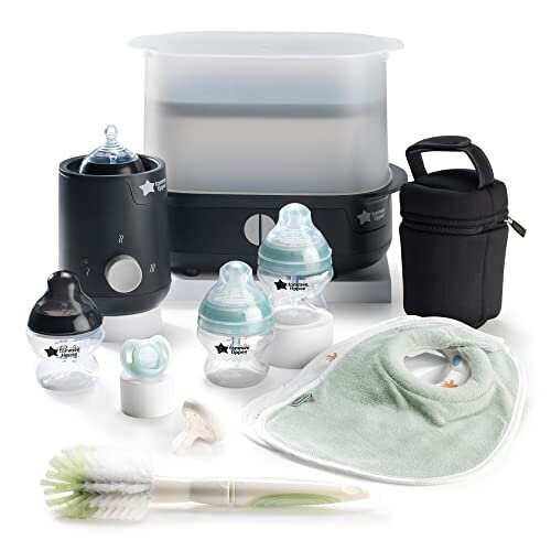 Tommee Tippee Closer to Nature Complete Feeding Set, Electric Steam Steriliser with Insulated Bottle Bag, Newborn Baby Bottles and Easiwarm Bottle Warmer, Black