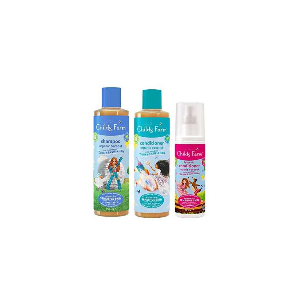 Childs Farm, Kids Hair Coco-Nourish Regime Bundle, Shampoo 250ml, Conditioner 250ml and Leave-In Conditioner 125ml, Dry, Curly and Coily Hair