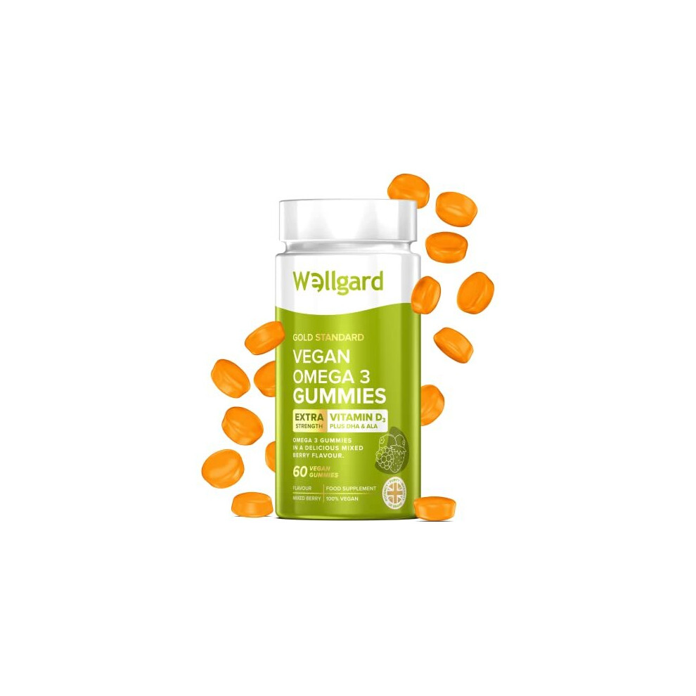 Vegan Omega 3 Gummies by Wellgard - Chewable Algae-Derived DHA & ALA, Omega 3 Supplements, Allergen-Free, Natural Flavour, Formulated in UK