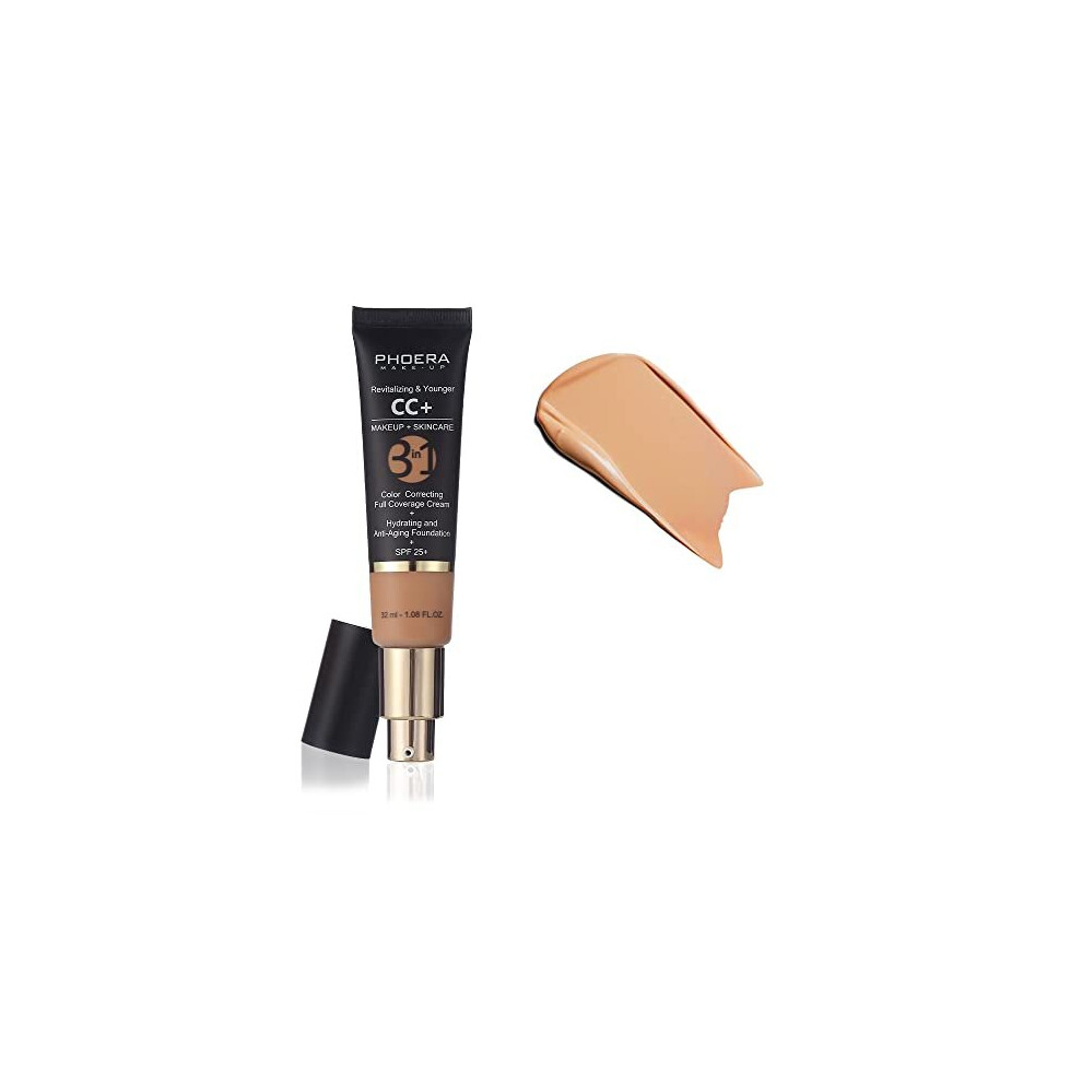 Phoera Anti-Aging Color Correcting Full-Coverage Foundation Spf 25+ With Vitamins – 140 Buff ; Conceals Circles, Redness & Acne Scars Beige/Dark