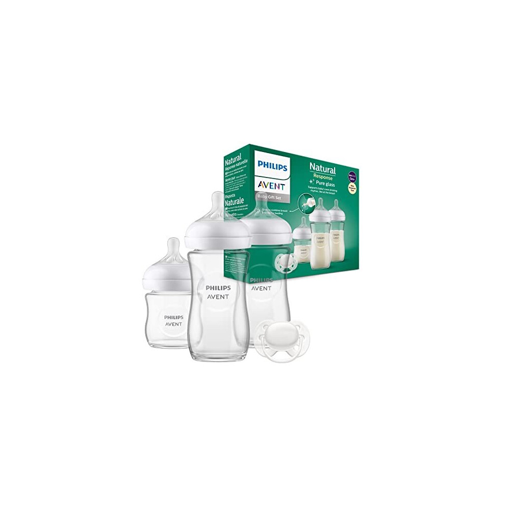 Avent Glass Baby Bottle Newborn Gift Set - 3 Baby Milk Bottles, Ultra-Soft Pacifier for Babies Aged 0-6 Months+ (Model SCD878/11)