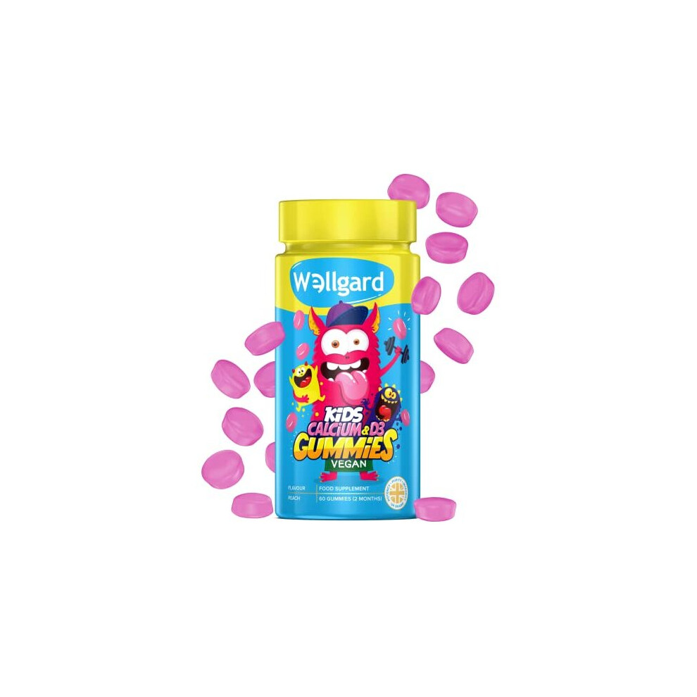 Wellgard Kids Calcium & D3 Gummies By - 2 Month Supply - Vegan Chewable Calcium And Vitamin D3 Gummies, Mixed Berry Flavour