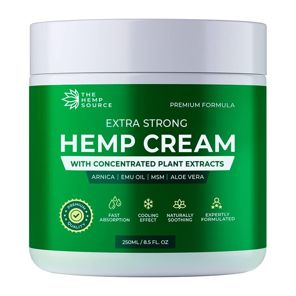 Hemp Cream Extra Strong | High Strength Hemp Oil Formula | Hemp Oil + Emu Oil, Arnica, MSM, Aloe Vera | Rich in Natural Extracts | Soothe Back, Neck,