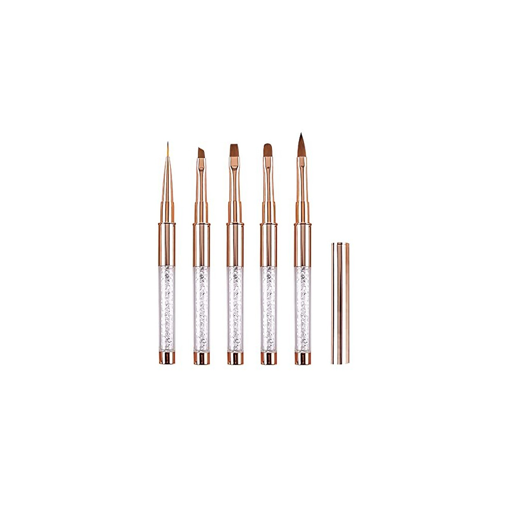Lea-Shall 5Pcs Nail Art Brushes Set For Gel Nail With Lid And Diamand Handle, Liner/Acrylic/Flat/Round/Oblique Uv Builder Nail Painting Pen Kit Fine