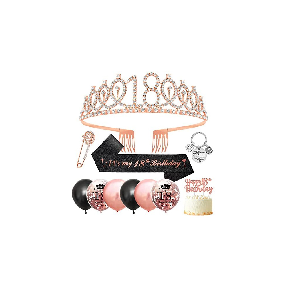 18th Birthday Gifts for Girls,18th Birthday Sash and Tiara Girls 18th Birthday Decorations,Tiara Rhinestone Crown,Glitter Sash,Black Rose Gold