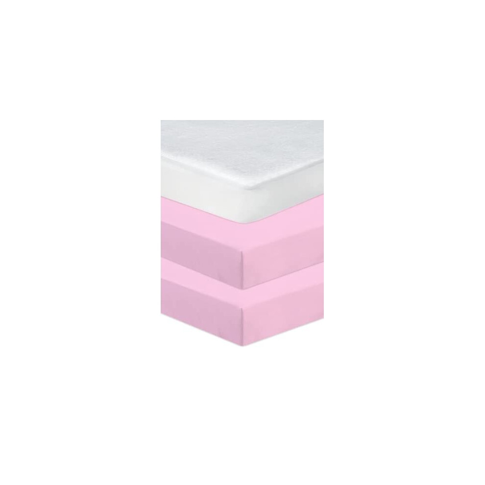 Hajran Linen Pink Next To Me Compatible Crib Fitted Sheets 3Pcs Set (83-85 X 50-51 Cm) | 100% Pure Cotton - 2 Fitted Sheets & 1 Waterproof Mattress Protector (Pink)