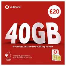 Vodafone SIM Card UK PAYG 20 Bundle -40GB + Unlimited Mins & Texts + International Calling Option - (Love2surf RETAIL PACK)