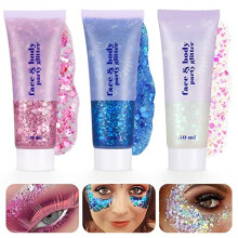 3Pcs Body Glitter Gel, 50ml Mermaid Sequins Chunky Glitter Liquid Gel Kit, Chunky Powder Gel for Face Body Eye Hair Nail DIY Art Festival Party Makeup