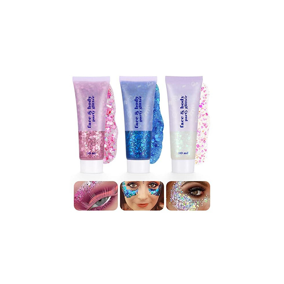 3Pcs Body Glitter Gel, 50ml Mermaid Sequins Chunky Glitter Liquid Gel Kit, Chunky Powder Gel for Face Body Eye Hair Nail DIY Art Festival Party Makeup