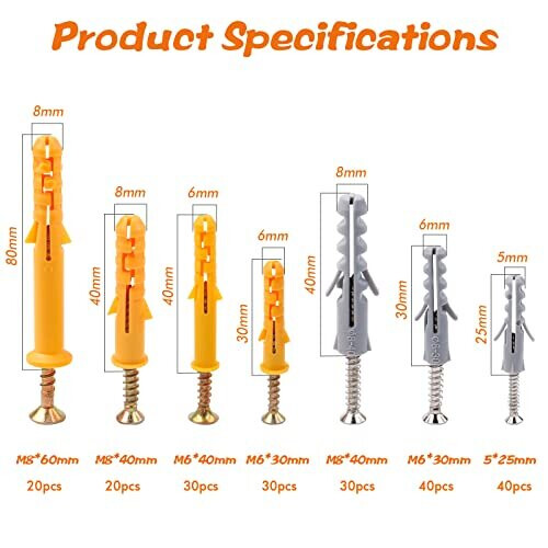 210pcs Rawlplug and Screw Set, Leryati 7 Sizes Wall Fixings Screws Rawl Plugs and Screws