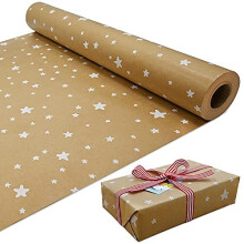 15m Roll of Kraft Wrapping Paper,White star Christmas Gift 100% Recyclable Wrapping Paper(15m x 44cm)