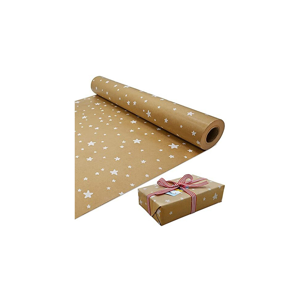 15m Roll of Kraft Wrapping Paper,White star Christmas Gift 100% Recyclable Wrapping Paper(15m x 44cm)