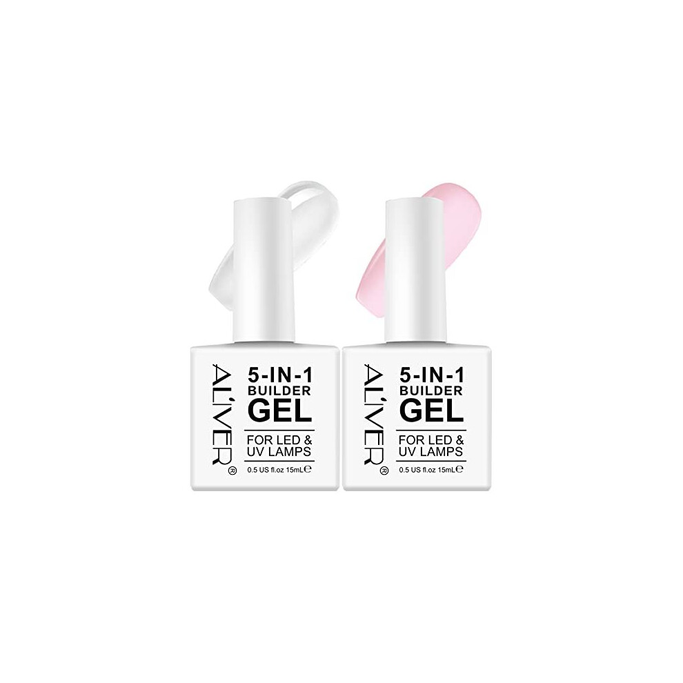 Builder Gel, 5 in 1 Nail Builder Gel and Base Gel Strengthener Gel Builder Clear and Pink Gel Color in a Bottle 15ml Hard Gel Builder Extension Nail