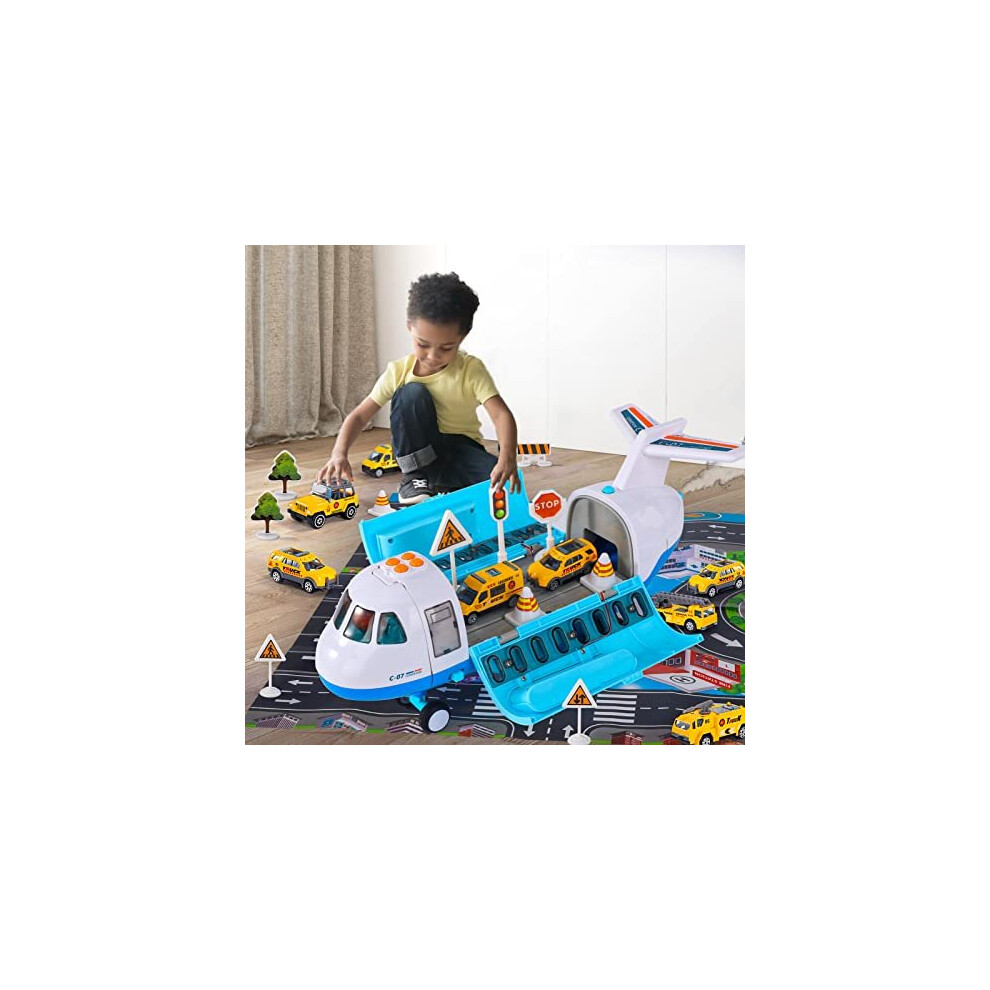 Airplane Toy with Smoke, Light & Sound, 16 Inches Big Transport Cargo Airplane Toy with 6 Construction Vehicle Trucks, Fricton Powered Airplane Toys