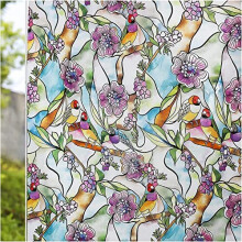 Window Film Privacy Stained Glass Window Static Clings Vinyl Non-Adhesive Flower Parrot Decorative Window Coverings for Home Bathroom, 44.5x200CM