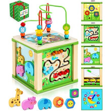 Wooden Activity Cube Baby Toys - Wooden Toys for 1 2 3 Year Old Boys Girls - Montessori Toys with Bead Maze Shape Sorter Abacus - Sensory Toys 1st