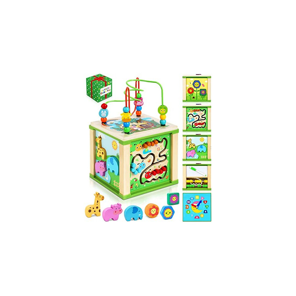 Jojoin Wooden Activity Cube Baby Toys - Wooden Toys For 1 2 3 Year Old Boys Girls - Montessori Toys With Bead Maze Shape Sorter Abacus - Sensory Toys 1St