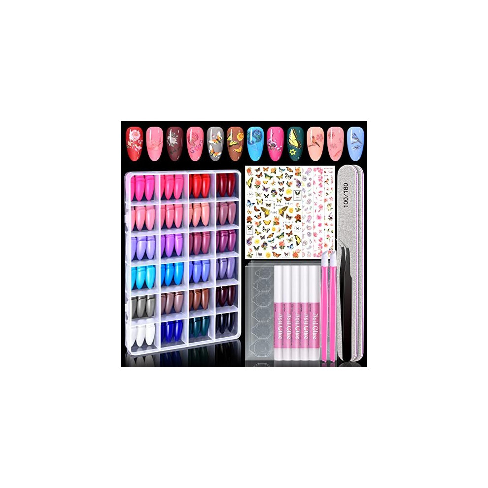 720PCS Almond Press on Nails Medium, MORGLES 24 Colors False Nails with Glue, Adhesive Tabs, Stickers, Tweezer, 10 Sizes