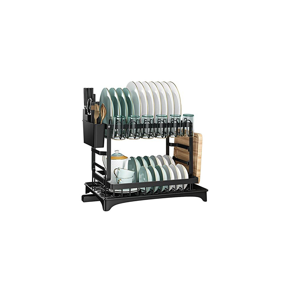 Dish Drying Rack with Drip Tray, 2 Tier Compact Dish Drainer Rack, Plate Drying Rack with Cutlery Holder Draining Board Rack with Utensil Holder for