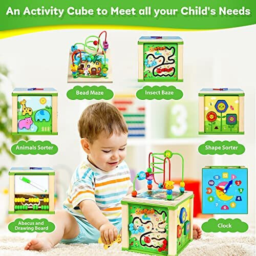 Wooden Activity Cube Baby Toys - Wooden Toys for 1 2 3 Year Old Boys ...