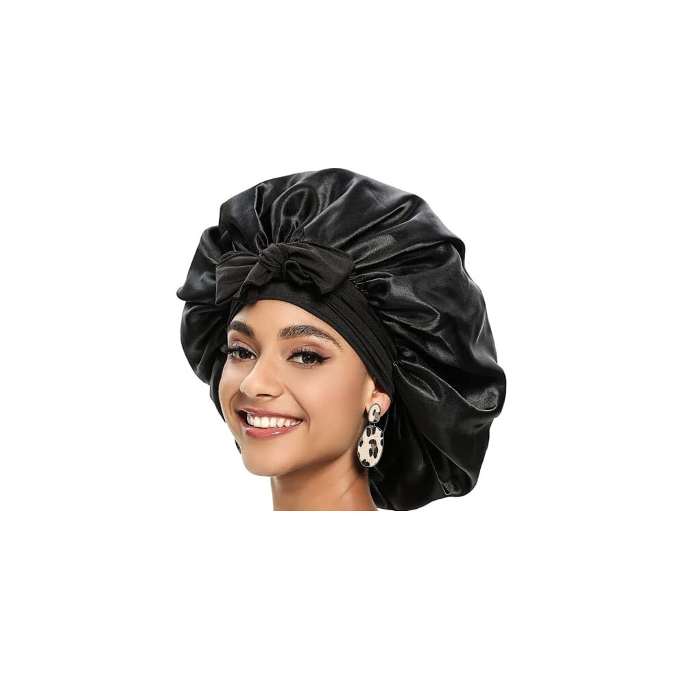 Silk Bonnet,Silk Hair Wrap for Sleeping,Sleeping Bonnets for Black hair Blond Hair, Prevent Hair Frizz Satin Sleep Cover,Bow Tie Elastic Soft Sleeping