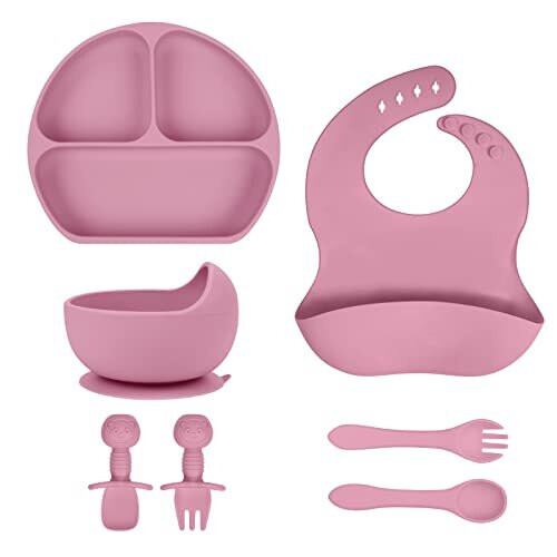 Owl Shape Silicone Baby Feeding Set, Toddler Suction Plates And Bowls Set With Spoons, Kids Silicone Dinnerware Set Eating Utensils, Pink