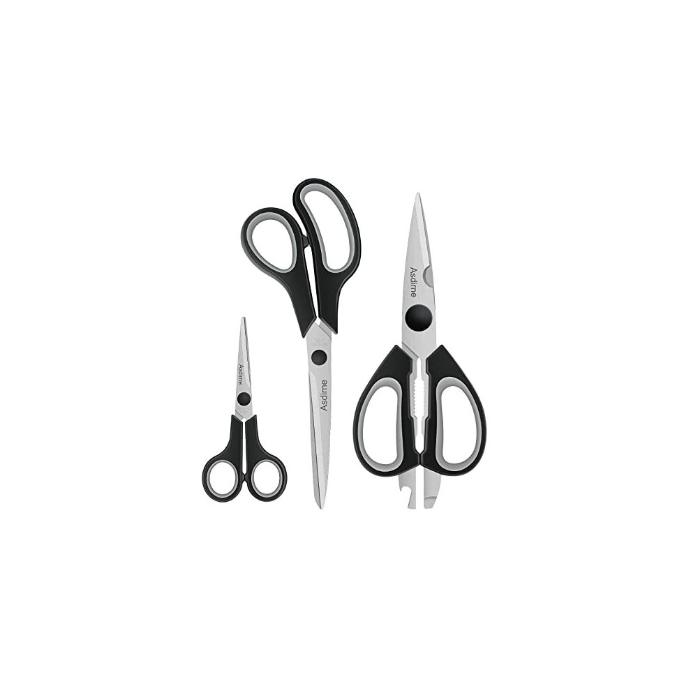 Scissors, Kitchen Scissors with Sharp Stainless Steel Blades and Soft Handles, Multifunctional Scissors Set, 3PCs, Black/Grey