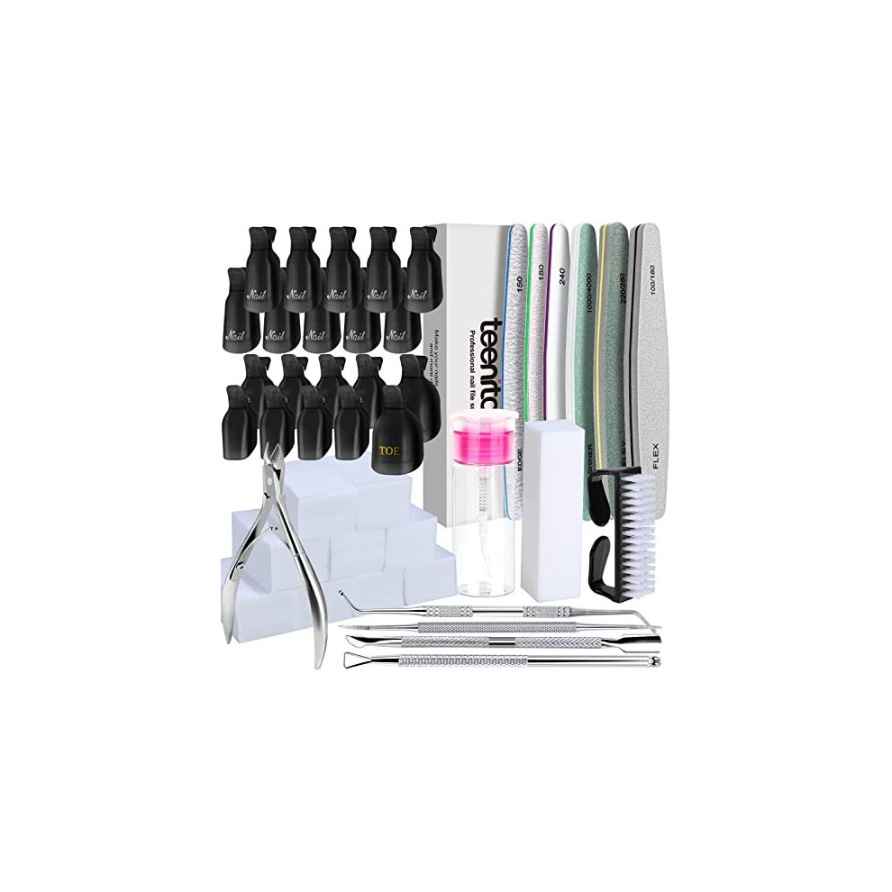 Teenitor Gel Nail Polish Remover Kit, Nail File And Buffer Set With Nail Remover Wraps Cuticle Nippers Cuticle Pusher Cuticle Peeler Toenail Lifter,