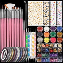 Nail Art Kit with Nail Glitter & Nail Sticker, Teenitor Nail Pen Designer Brush Nail Dotting Tool for Gel Nails Art, Nail Gems Nail Art Striping Tape