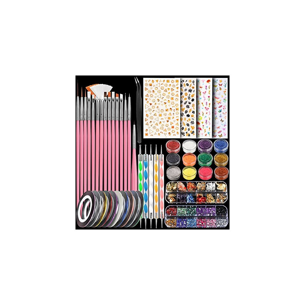 Nail Art Kit with Nail Glitter & Nail Sticker, Teenitor Nail Pen Designer Brush Nail Dotting Tool for Gel Nails Art, Nail Gems Nail Art Striping Tape