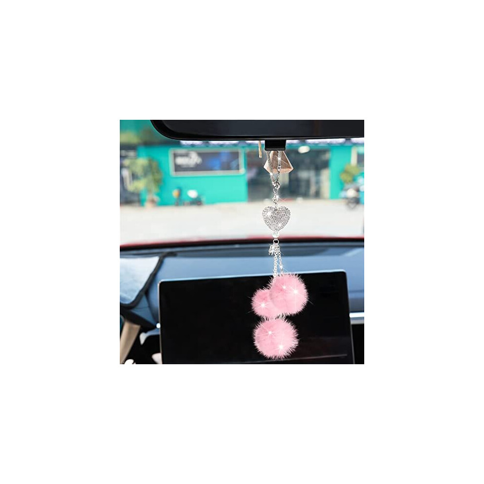 Love Heart Diamond With Plush Ball Car Hanging Ornament, Car Bling Rear View Mirror Lucky Hanging Ornaments Rhinestones Diamond Love Heart Car 5014542680694