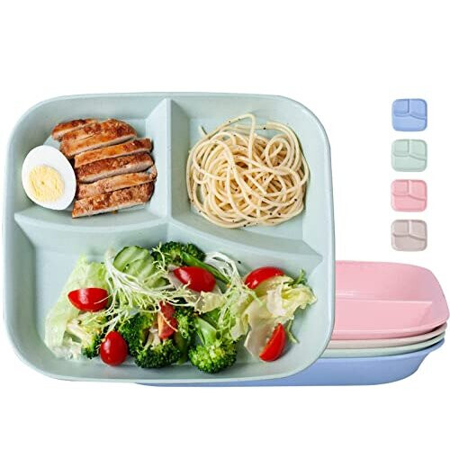 Dinner Plates 4pcs Unbreakable Divided Plates 3 Sections Portion Control Diet Plate Tray with compartments Plastic Dinner Set Reusable Dishes Set,BBA