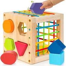 Wooden Shape Sorter Cube, Montessori Toys for 1 Year Old, 8pcs Colorful Multisensory Shapes, Developmental Learning Toy for Baby Girls Boys, 1st