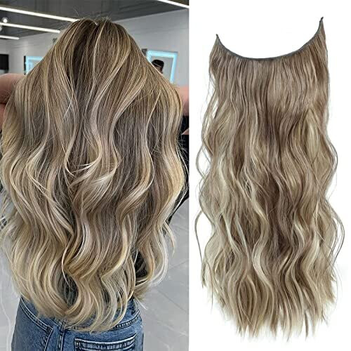 Invisible Wire Hair Extension Light Ash Brown with Highlights Hair