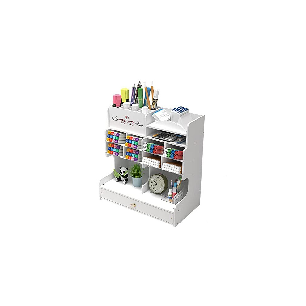 White Desk Organiser with Drawer, DIY Pencil Holder Desk Tidy Caddy Office Stationery Desktop Organizer for Home, Office and School(PB18-1 White)-image-OPC-PBRB679-NEW