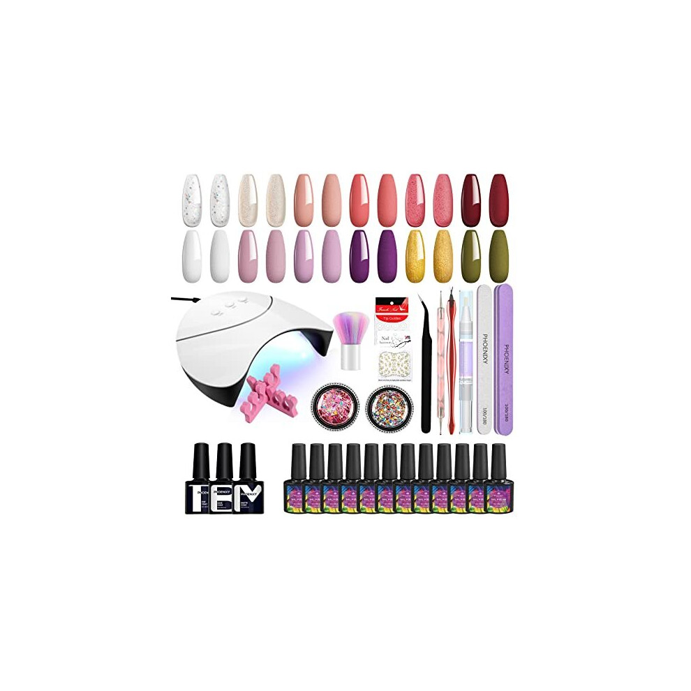 Gel Nail Polish Kit with 36W UV LED Nail Lamp, Phoenixy 12 Colours Gel Nail Kit Base Glossy Matte Top Coat Starter Kit Gift for Women Design Nail at