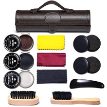 Shoe Polish Kit Cleaning Shine Care Barrel Set For Brown Black Leather With Brush Travel Case Luxury Premium Soft Horsehair Bristle Dauber, Wooden