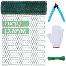 Chicken Wire Mesh Roll, 35cm x 3m Rustproof Galvanised Chicken Wire PVC Coated, Sturdy Hexagonal Mesh Green with Cutting Pliers Gloves Cable Ties for