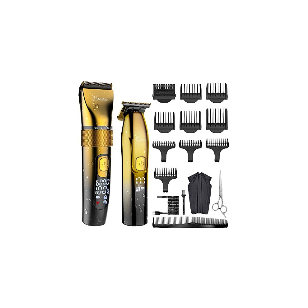 Hatteker Gold Professional Hair Clippers And T-Blade Trimmer Kit For Men Cordless Beard Barber Clipper Hair Cutting Kit Haircut Grooming Kit Ipx7 Waterproof(Gold)