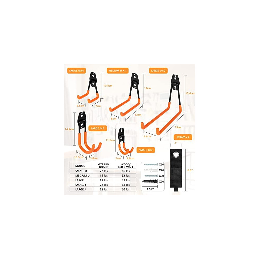 Garage Hooks Heavy Duty 12 Pack, Steel Garage Storage Hooks Utility Wall Mount&Tool Organiser Anti-Slip Garage Wall Hooks for Organising Bike, Ladder,