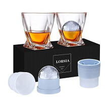 Whisky Glass, Set of 4 (2 Crystal Tumbler Glasses, 2 Large Ice Ball Moulds) in Gift Box - 330ml Whiskey Glasses for Scotch Cocktail Rum Cognac Vodka
