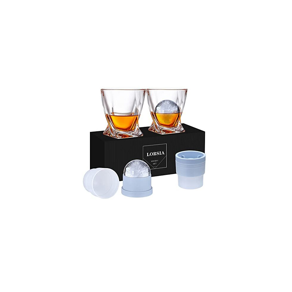 Whisky Glass, Set of 4 (2 Crystal Tumbler Glasses, 2 Large Ice Ball Moulds) in Gift Box - 330ml Whiskey Glasses for Scotch Cocktail Rum Cognac Vodka