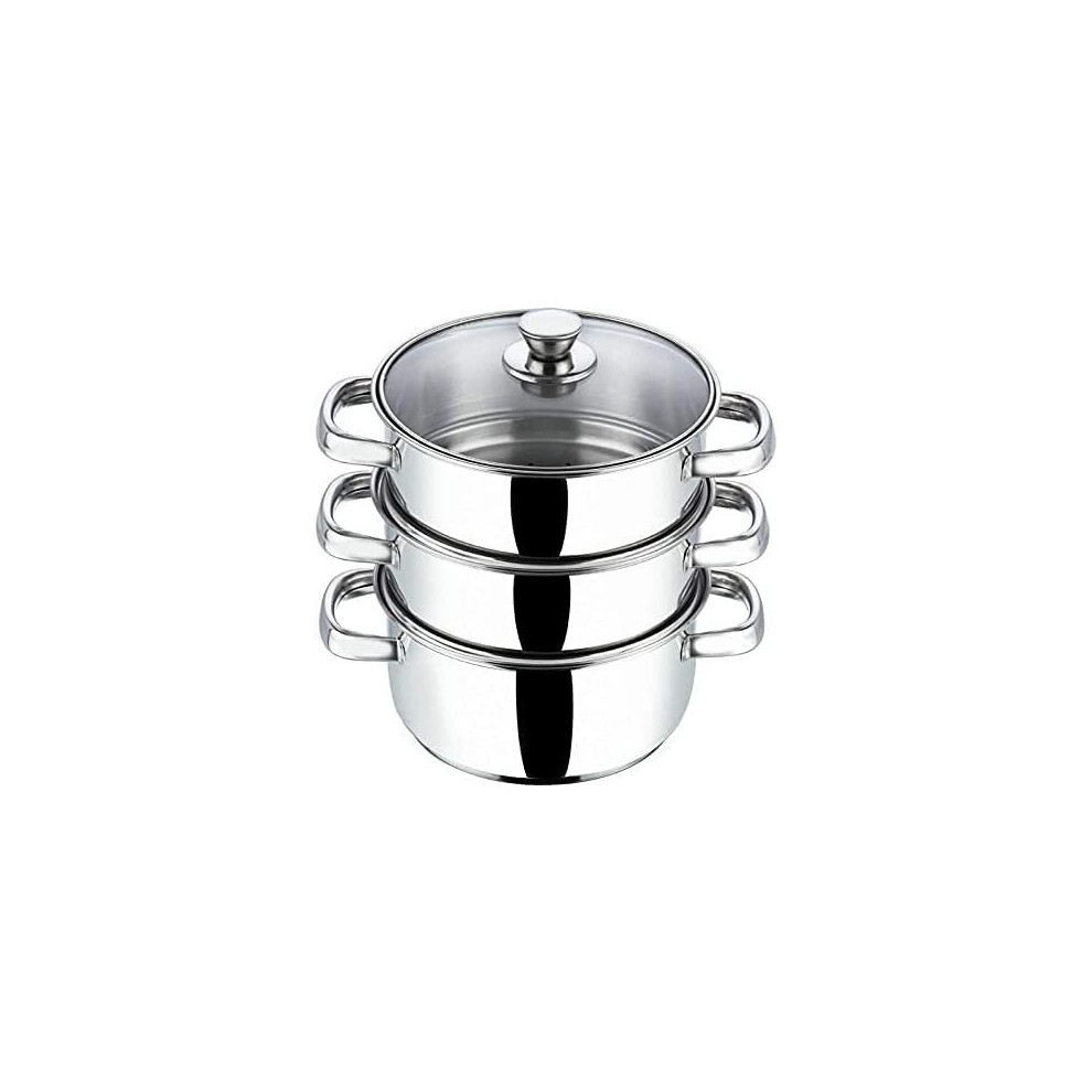 3 Tier Steamer Cooking Pan for Induction Hob, Food and Vegetable Steamer with Vented Glass Lid (20cm 3-Tier)