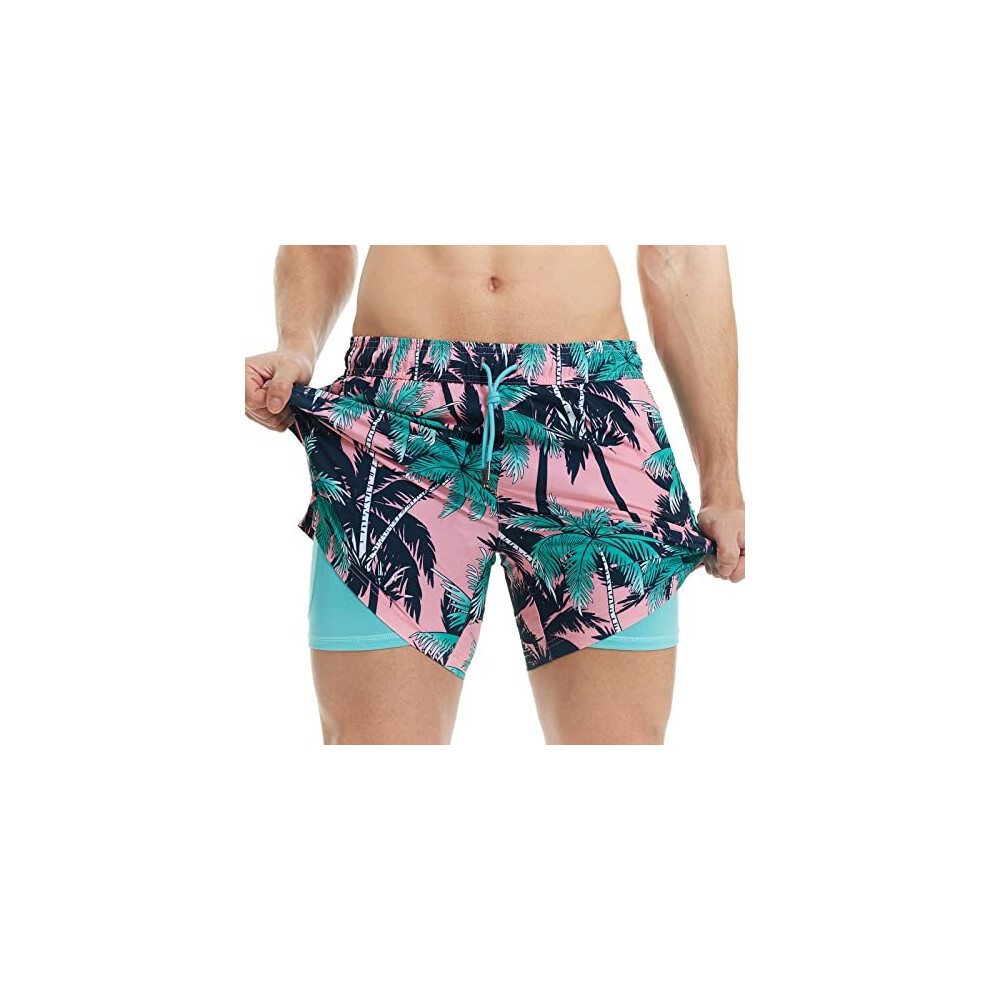 5" Mens Swim Shorts with Compression Liner 4-Way Stretch Bathing Suit Swimming Shorts with Pockets,Black Coconut Grove,M