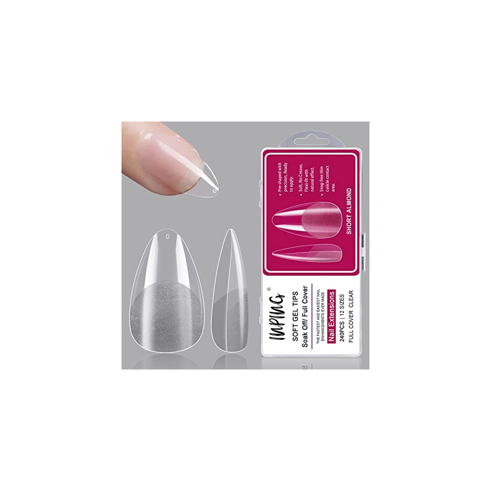 Inping Soft Gel Full Cover Nail Tips, 240Pcs Short Almond Clear Nail Tips Pre-Buff Break Resistant Acrylic False Nails Tips Kit Reusable Nail Extensions For