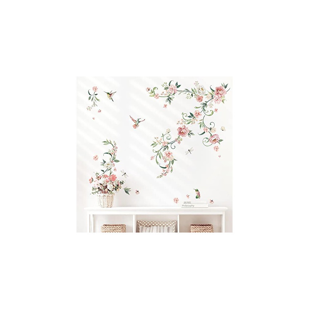 Decalmile Peony Flower Wall Decals Pink Blossom Birds Wall Stickers Living Room Bedroom Girls Bedroom Wall Decor
